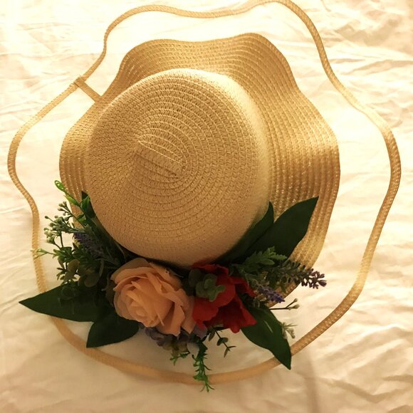 NEW Straw  brimmed  hat w  silk flowers One of a kind - Picture 3 of 5